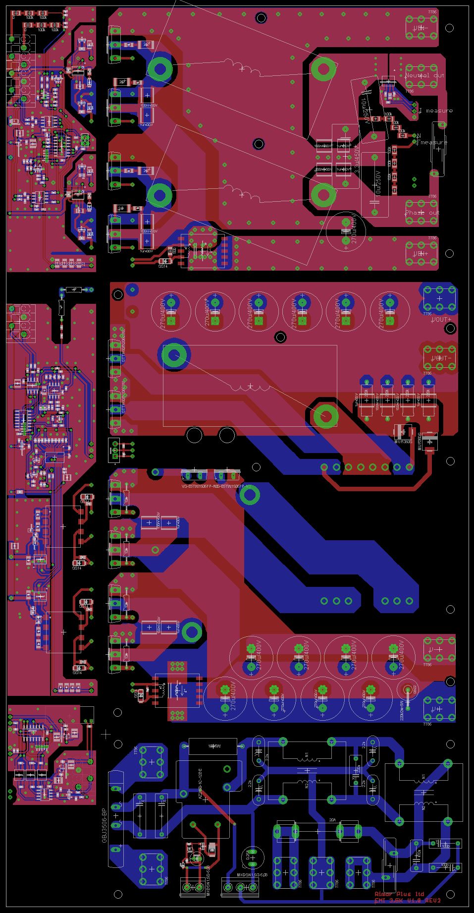 REV10 PCB layout showing the mature full-board routing and separated functional areas.