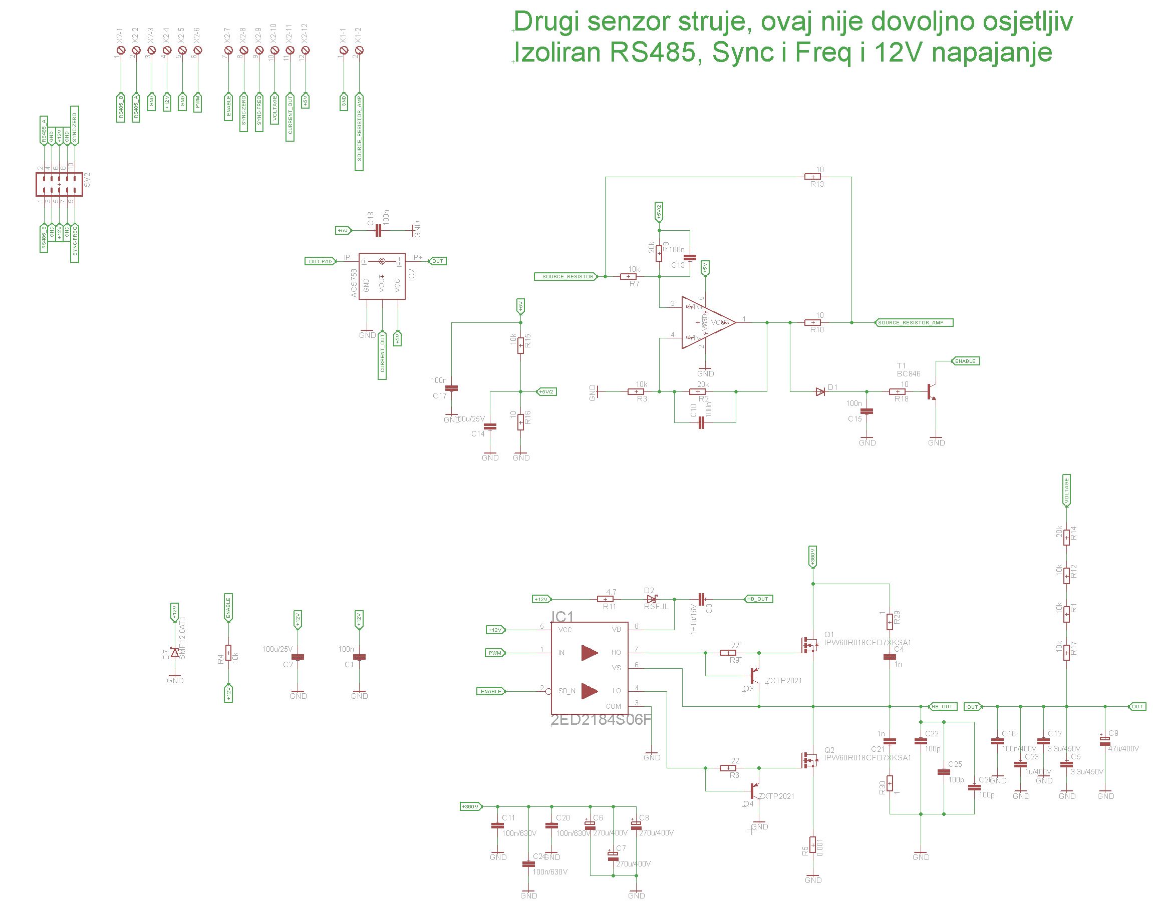 REV5 schematic showing early current sensing, isolated signals, gate drive, and power stage circuitry.